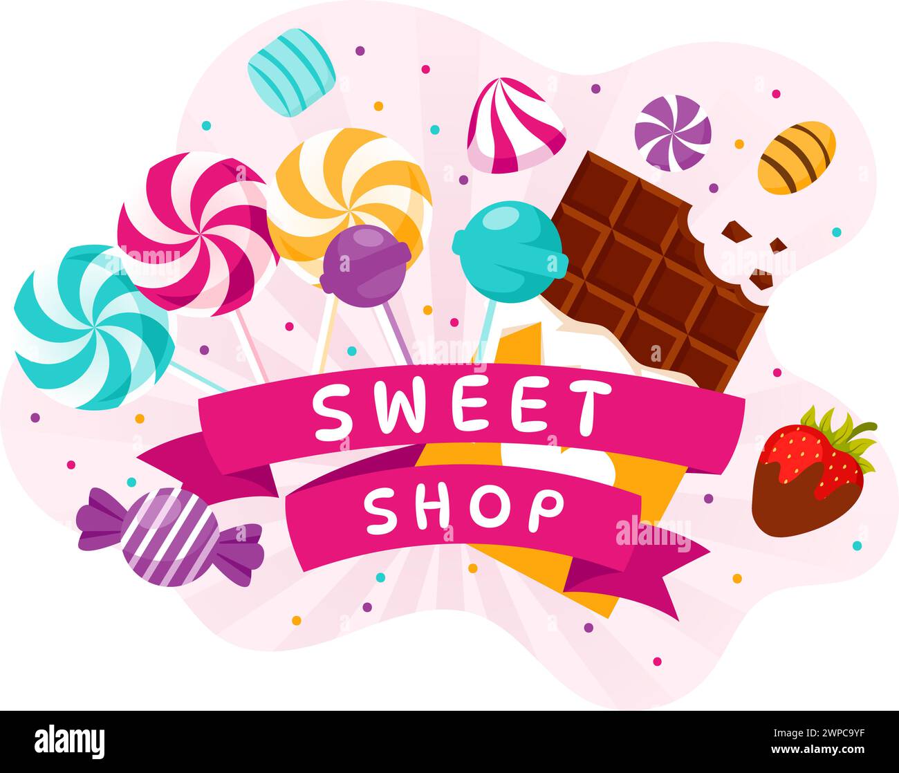 Illustration vectorielle Sweet Shop avec la vente de divers produits de boulangerie, Cupcake, gâteau, pâtisserie ou bonbons dans la conception de fond de dessin animé plat Illustration de Vecteur