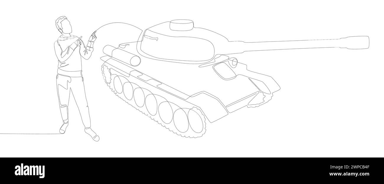 Une ligne continue d'homme pointant du doigt sur Armored Tank. Concept vectoriel d'illustration de ligne mince. Contour Drawing idées créatives. Illustration de Vecteur