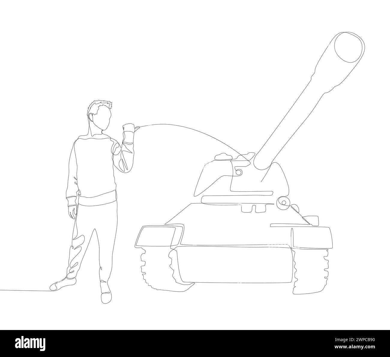 Une ligne continue d'homme pointant du doigt sur Armored Tank. Concept vectoriel d'illustration de ligne mince. Contour Drawing idées créatives. Illustration de Vecteur