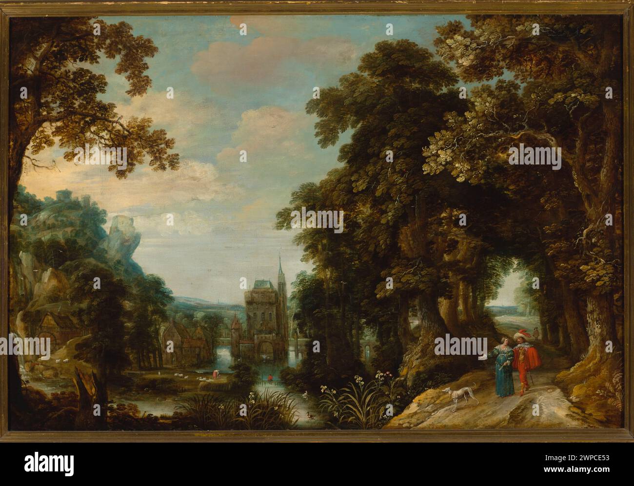 Peinture flamande et hollandaise du XVIIe siècle montrant un paysage avec des avenues de parc et un château sur l'eau, partie de la collection de Jakub Ksawery Potocki, illustrant des éléments architecturaux et naturels. Banque D'Images