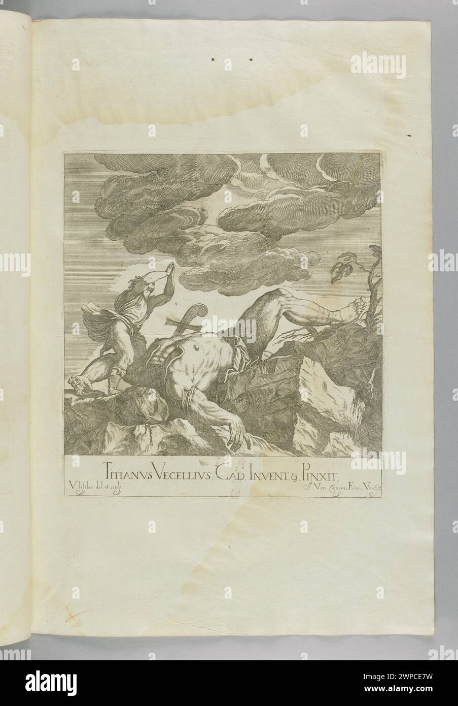 Tableau représentant l'histoire biblique de David et Goliath, créé en 1682, attribué à Valentin le Febre, influencé par Titien et Jacob Van Camen, montrant des figures détaillées, une composition dynamique et une scène narrative. Banque D'Images