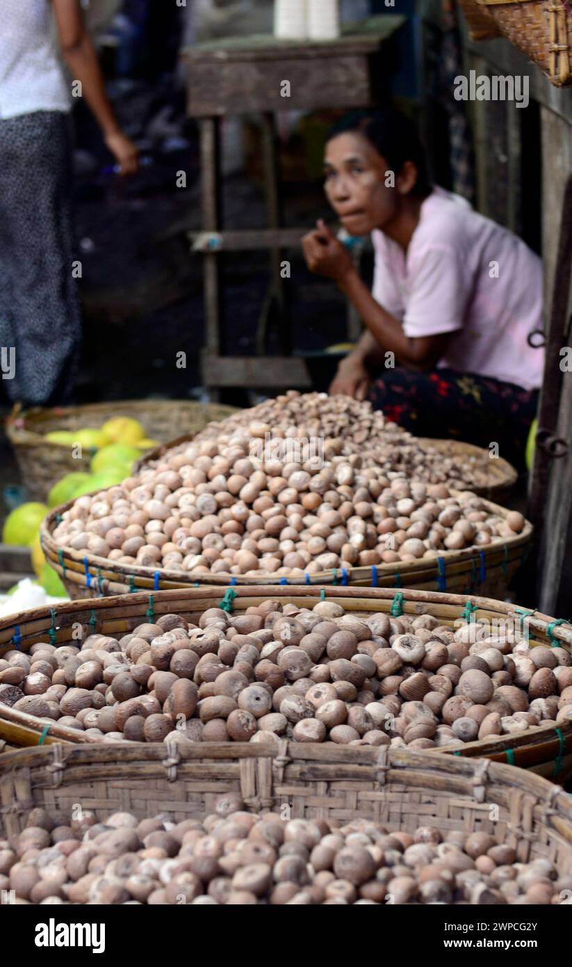 Le marché coloré et dynamique des produits frais à Sittwe, Myanmar. Banque D'Images