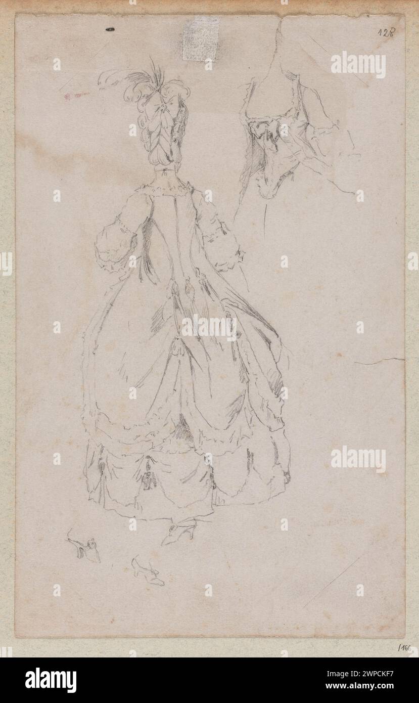 Étude de figures féminines en robe du XVIIIe siècle par Władysław Czachórski, y compris les détails de costume de vue arrière, deux études de pantoufles, coiffures, robes de style polonaise, plumes, et la documentation historique des costumes avec provenance. Banque D'Images