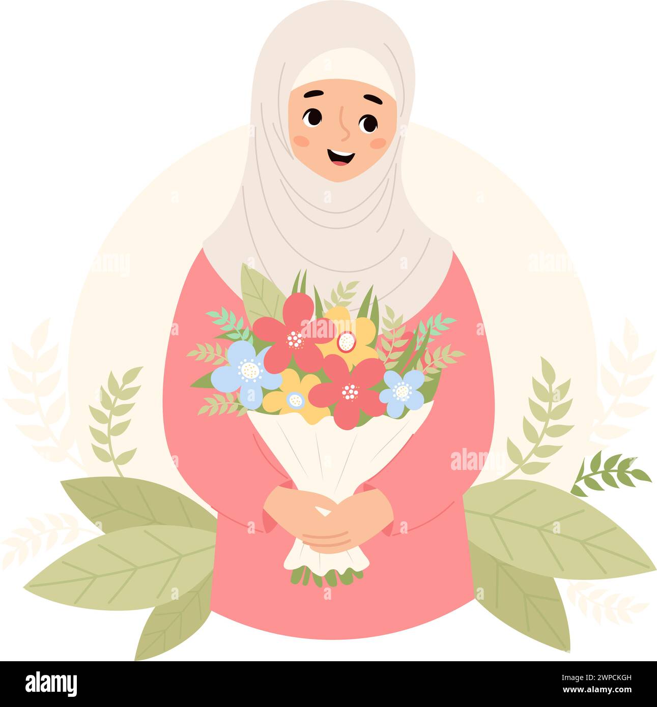 Femme islamique mignonne en hijab avec bouquet de fleurs. Festif heureux personnage féminin ethnique musulman. Illustration vectorielle dans le style plat de dessin animé Illustration de Vecteur