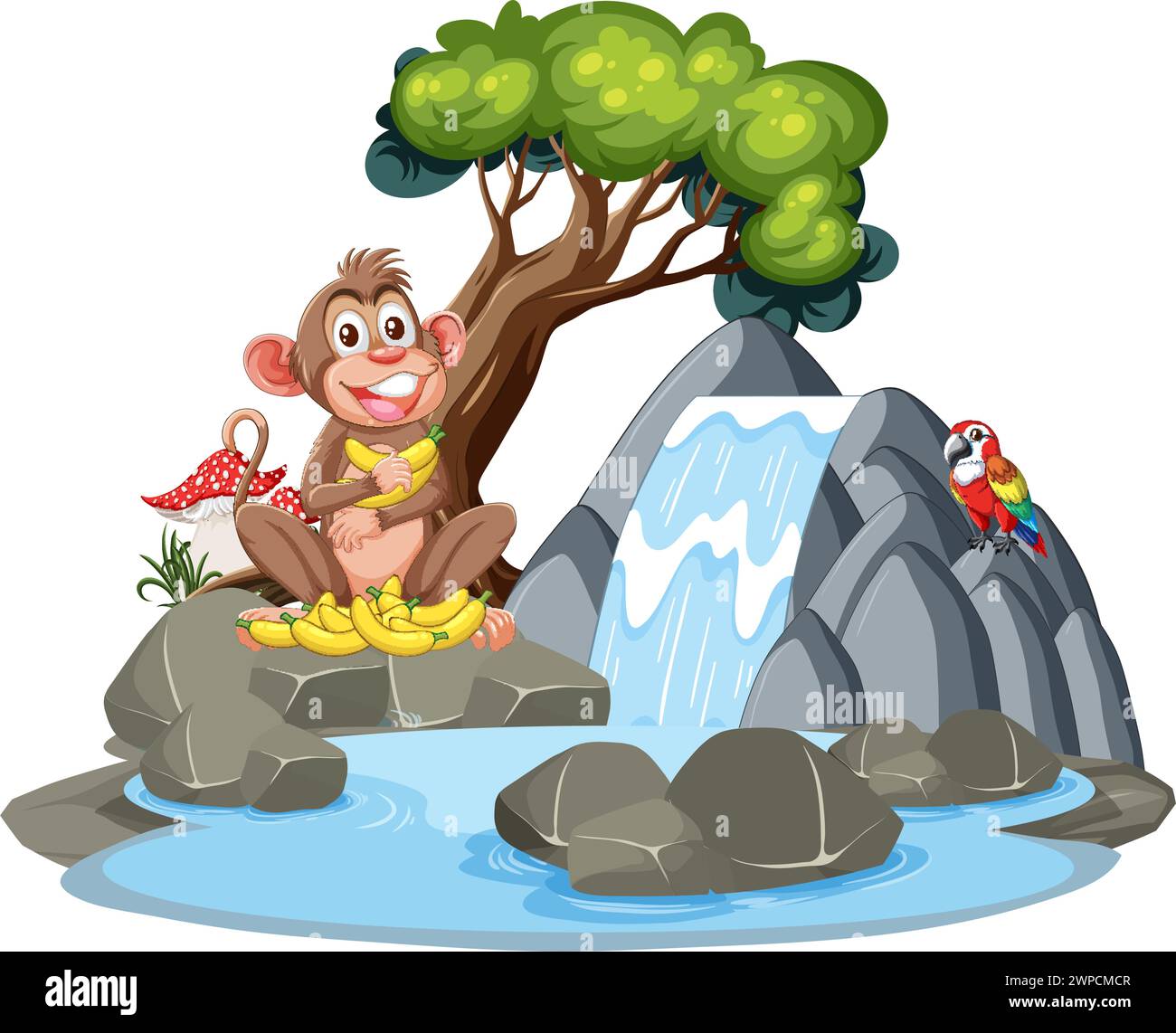 Singe joyeux avec des bananes près d'une cascade Illustration de Vecteur