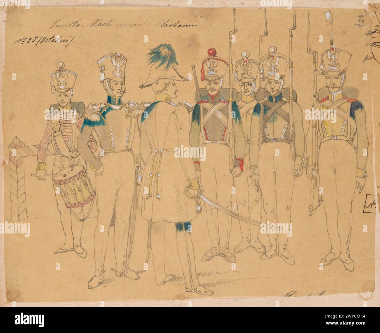 Lithographie couleur représentant un officier donnant des ordres aux soldats d'infanterie de l'armée polonaise de 1831, montrant la structure de commandement et la discipline militaire. Banque D'Images