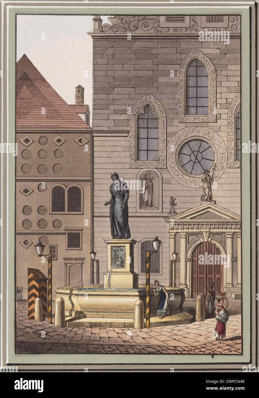 Illustration de Tranquillo Mollo (1767-1837) représentant des franciscains à la fontaine Moïse (Mosesbrunnen) sur Franzisker Platz, Vienne, montrant des figures religieuses et des détails architecturaux. Banque D'Images