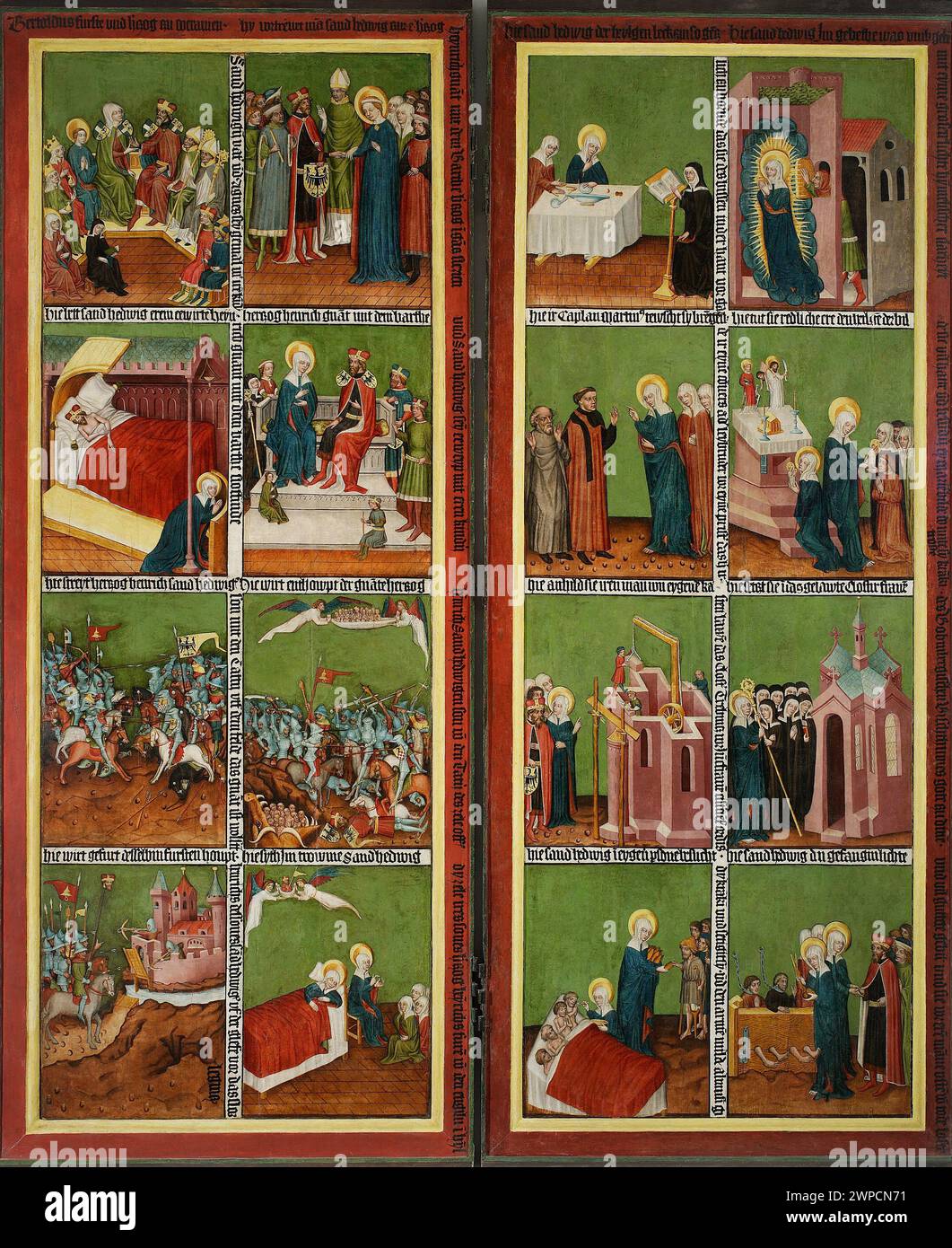Aile d'un triptyque créée vers 1430–1440 représentant des scènes des légendes de Saint Jadwiga de Silésie, liées aux églises et collections de Wrocław, avec des références à des événements médiévaux tels que la bataille de Legnica. Banque D'Images