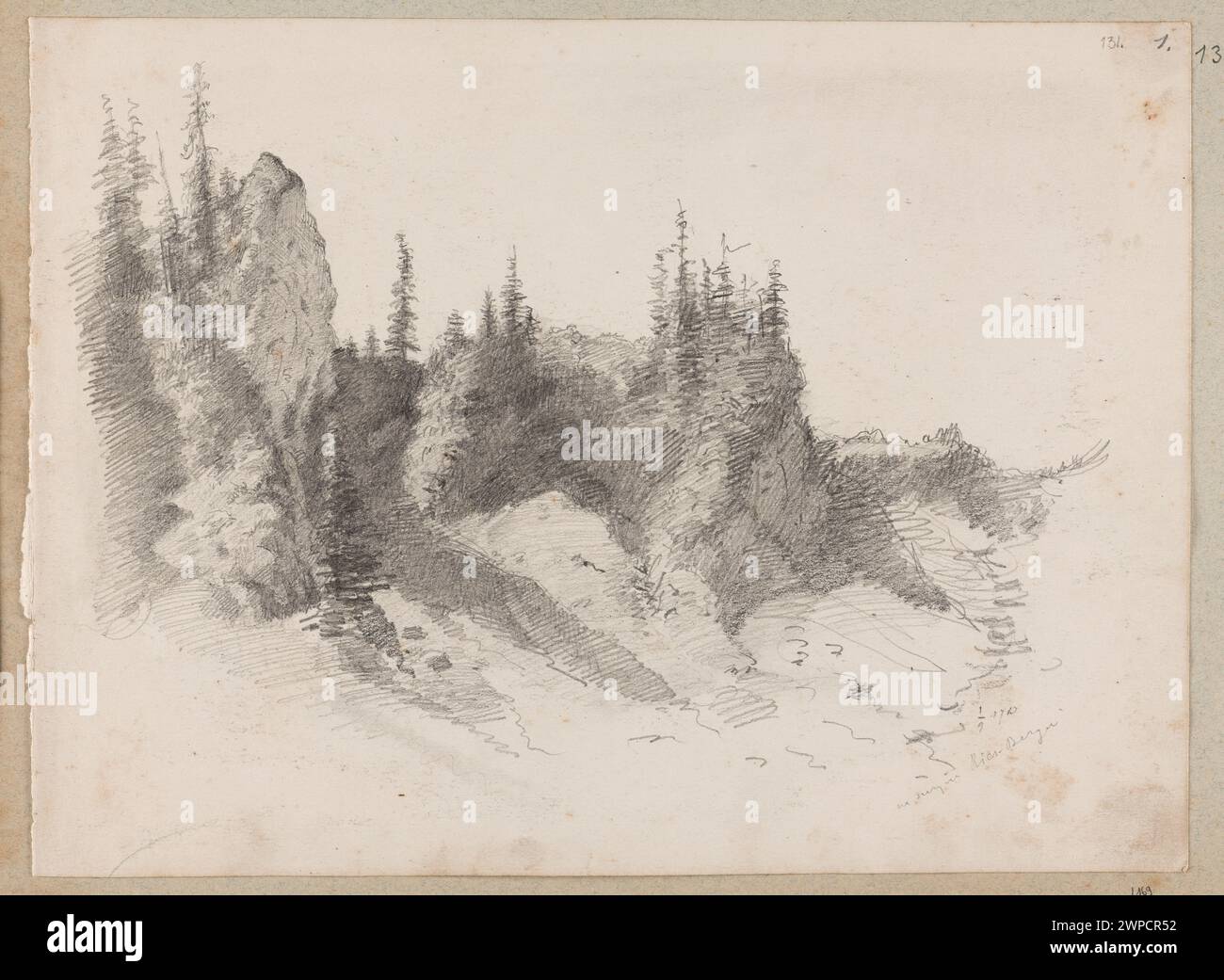 Étude d'un paysage montagneux par Władysław Czachórski, montrant des arbres, des rochers, des vues topographiques et des croquis détaillés pour la documentation artistique avec provenance. Banque D'Images