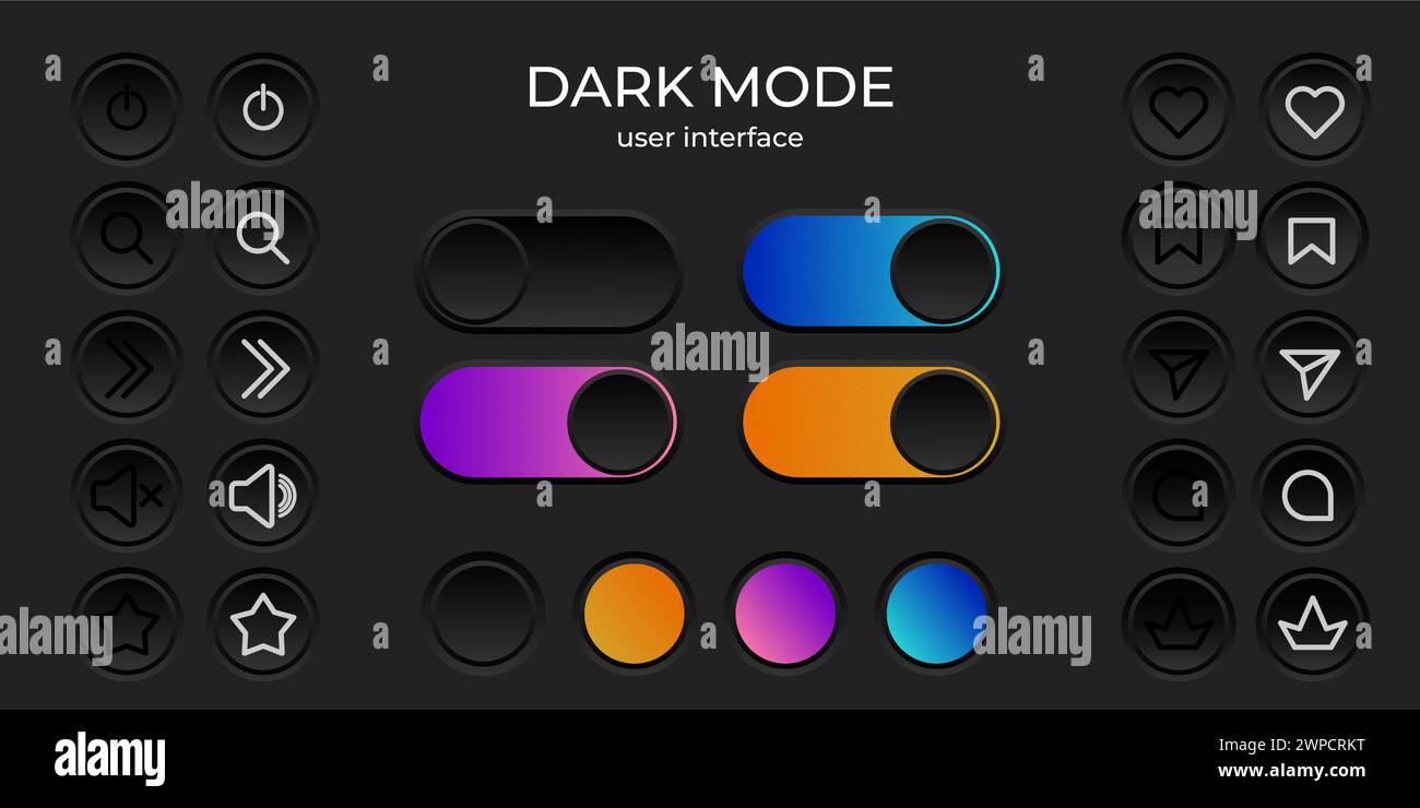 interface utilisateur mode sombre simple élégant ensemble minimaliste de boutons, conception de barre de chargement. Éléments d'interface noirs Illustration de Vecteur
