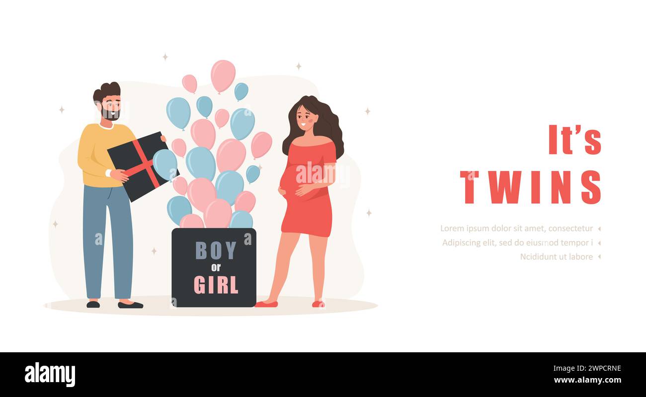 Concept de parti de révélation de genre. Ses jumeaux. Boîte cadeau surprise ouverture famille avec inscription garçon ou fille. Ballons bleus et roses. Modèle de page d'arrivée Illustration de Vecteur