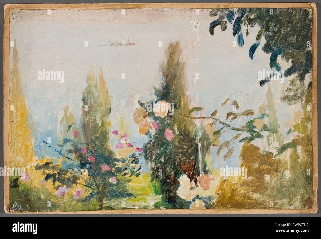 Cette peinture de Jan Cie ski montre des fleurs et des jardins de la villa Bachczi-Dere à Yalta, Crimée, avec des éléments paysagers et des paysages côtiers. Il a été transféré aux collections d'art de l'État de Varsovie. Banque D'Images