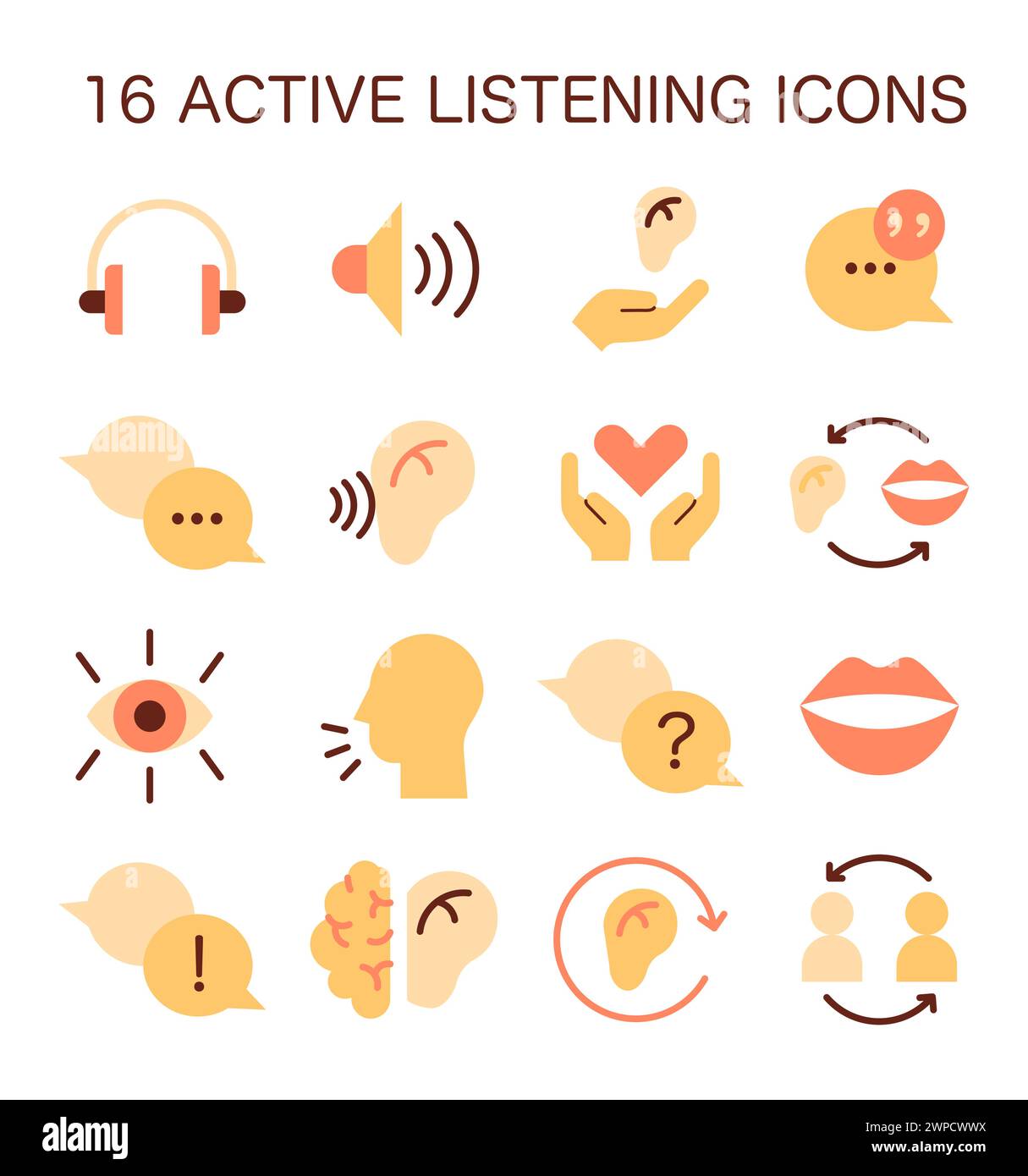 Jeu d'icônes de compétence d'écoute active. Symbole de l'attention douce habileté. Conversation, négociation, intelligence émotionnelle et travail d'équipe. Illustration vectorielle plate Illustration de Vecteur