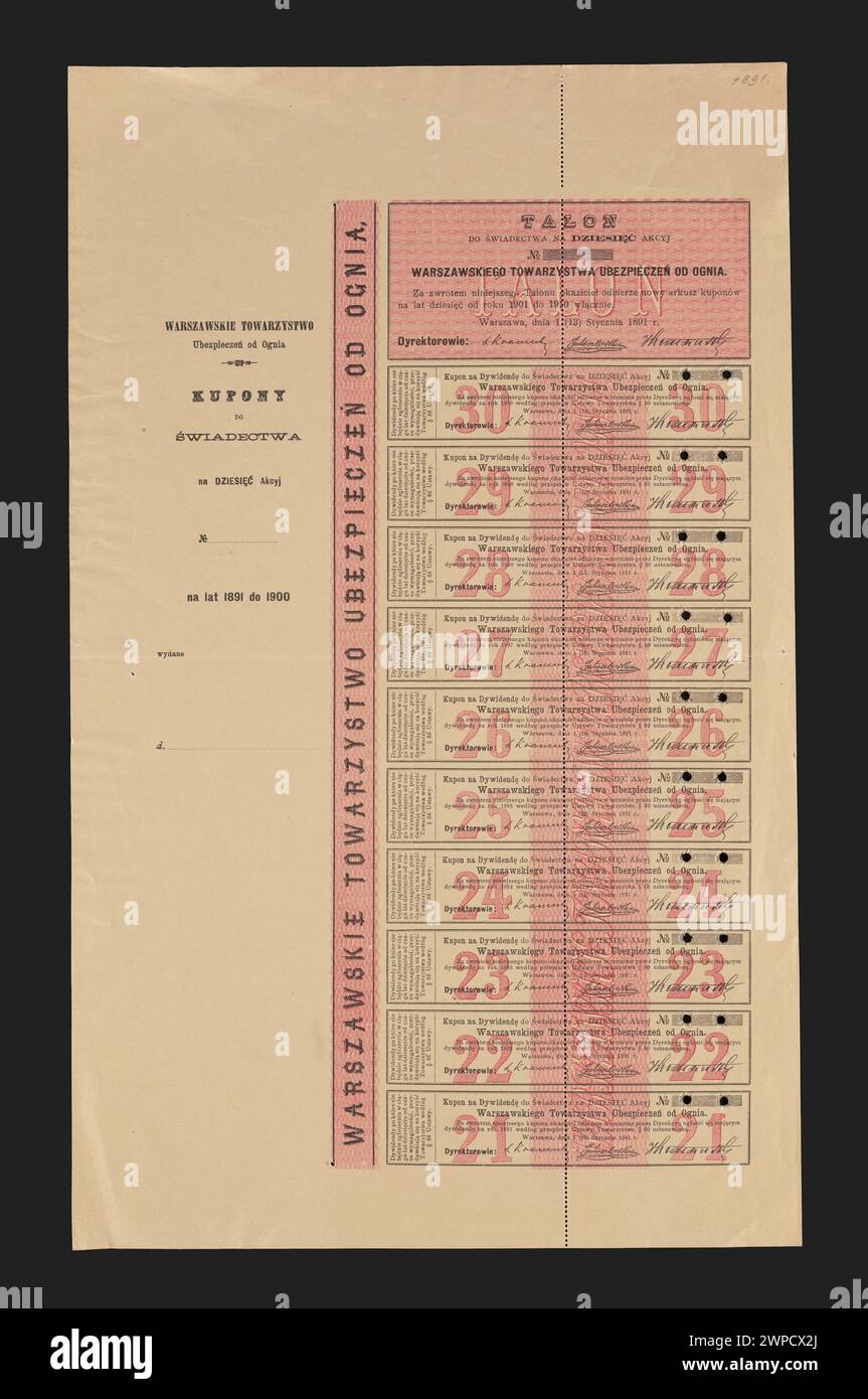 Ce dividende 1891 représente une distribution financière aux actionnaires de la Warsaw Fire Insurance Company. Il reflète les pratiques d'assurance du XIXe siècle, le financement des entreprises et la gestion des actionnaires à Varsovie. Banque D'Images