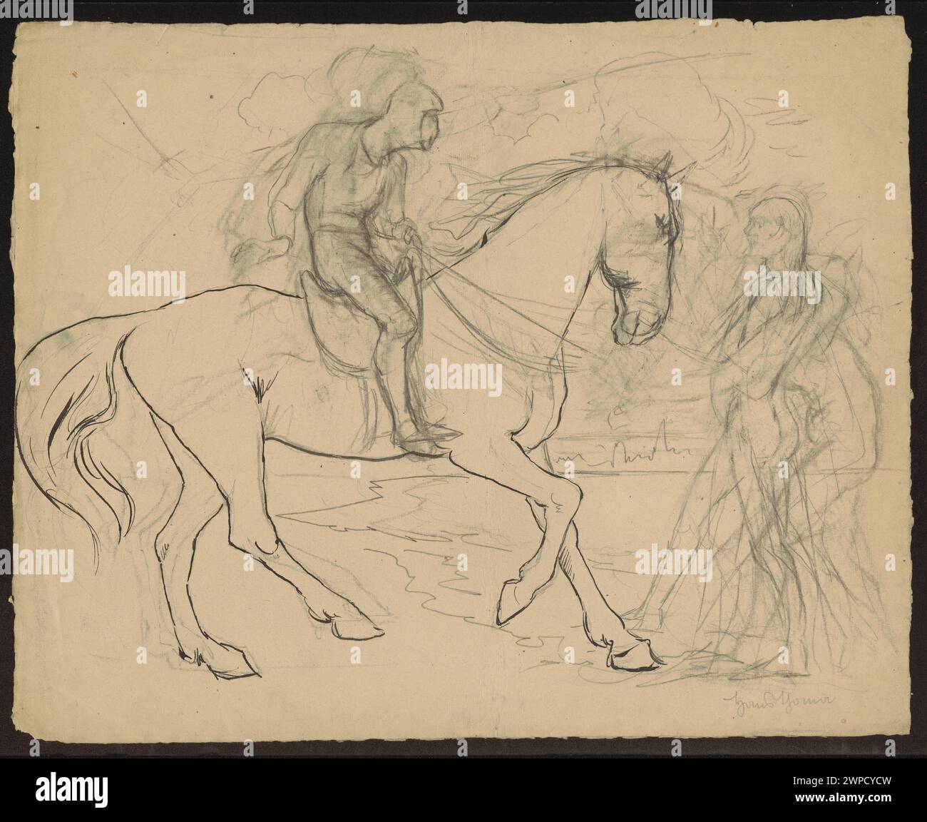 Dessin d'un chevalier en armure monté sur un cheval. Le côté droit montre une figure debout avec des détails de pentiment, et le verso représente deux chevaux. Banque D'Images