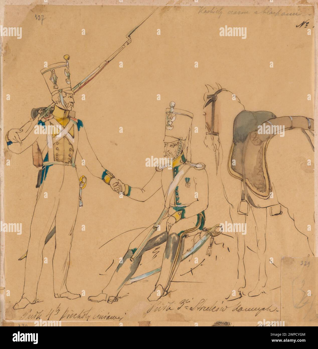 Lithographie couleur représentant le 4e régiment d'infanterie de ligne et le 3e régiment de carabines à cheval de l'armée polonaise en 1831, créés par Władysław Czachórski, Karol Antoni Simon et Teofil Mielcarzewicz. Banque D'Images Lithographie couleur représentant le 4e régiment d'infanterie de ligne et le 3e régiment de carabines à cheval de l'armée polonaise en 1831, créés par Władysław Czachórski, Karol Antoni Simon et Teofil Mielcarzewicz. Banque D'Images