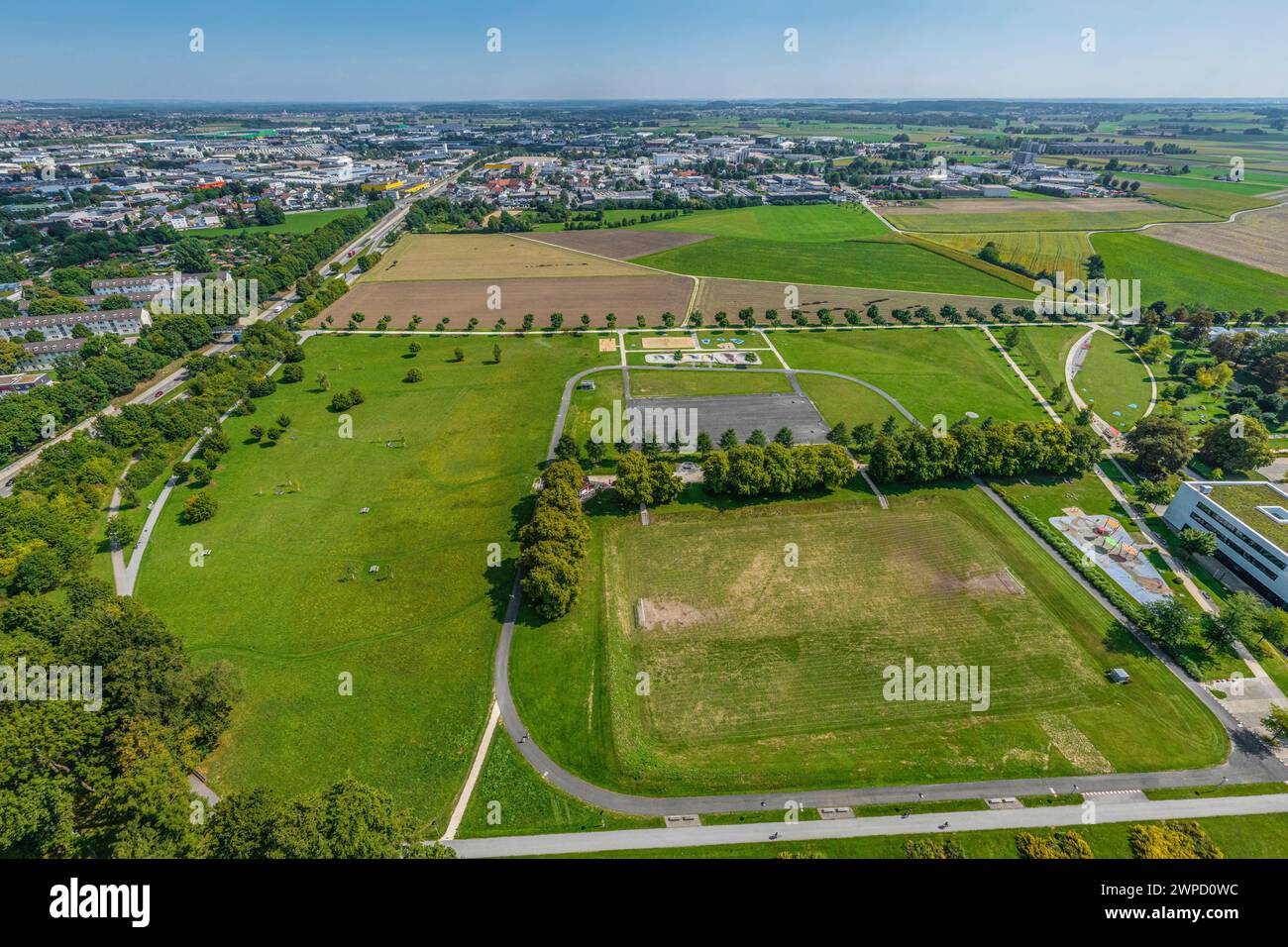 Vue aérienne de Neu-Ulm en Souabe bavaroise, vue sur les quartiers sud autour de Wiley Park Banque D'Images
