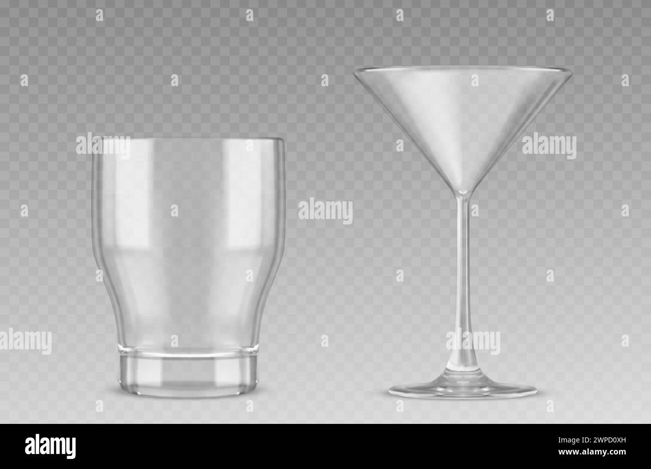 ensemble de verre à cocktail 3d isolé sur fond transparent. Illustration réaliste vectorielle de la tasse propre vide pour l'alcool, le jus, l'eau, la réflexion de la lumière sur la surface de la verrerie claire, les éléments de conception de partie Illustration de Vecteur