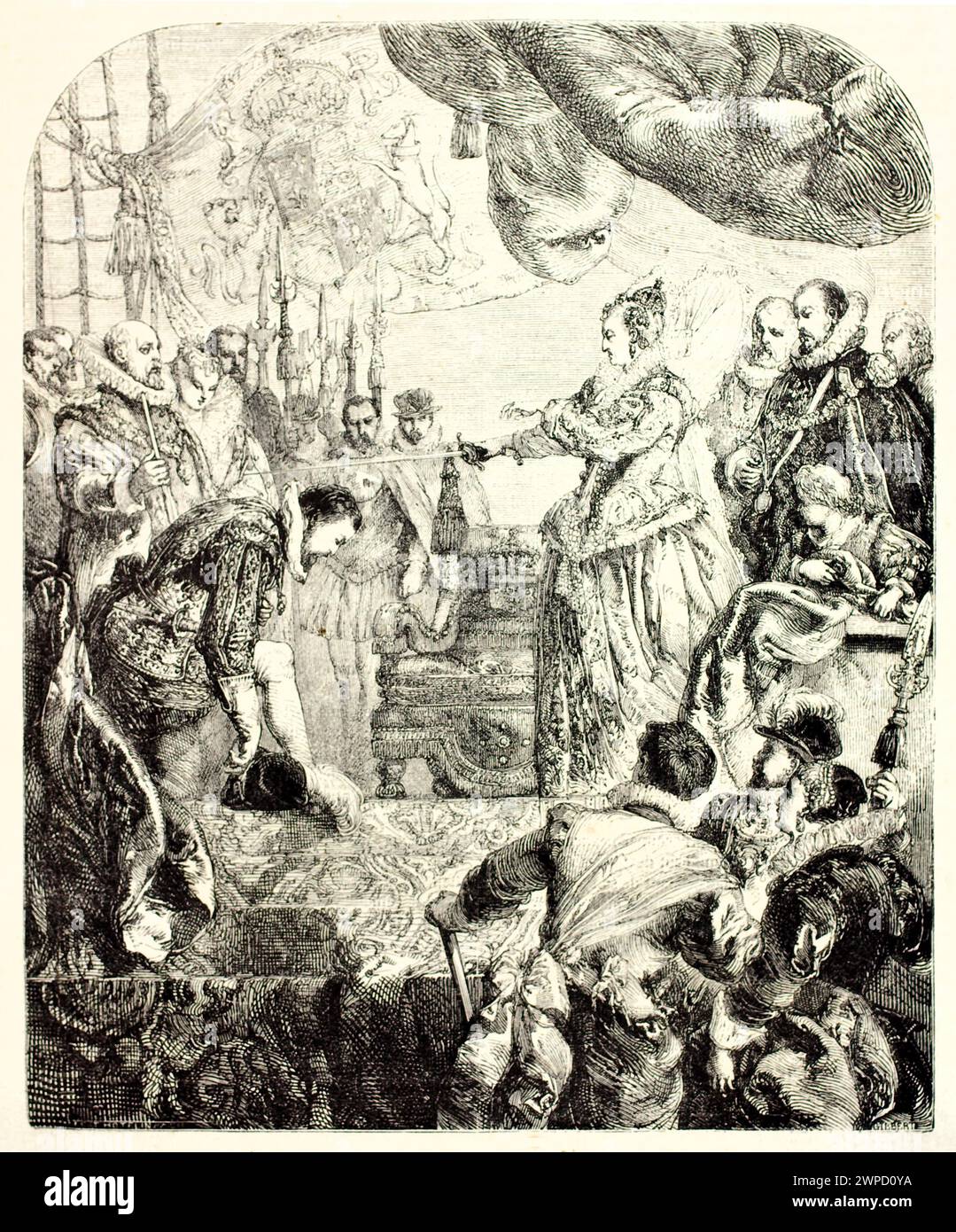Illustration historique gravée de Francis Drake étant fait chevalier par la reine Elizabeth I. par Gilbert, publiée dans magasin pittoresque, Paris, 1852. Banque D'Images