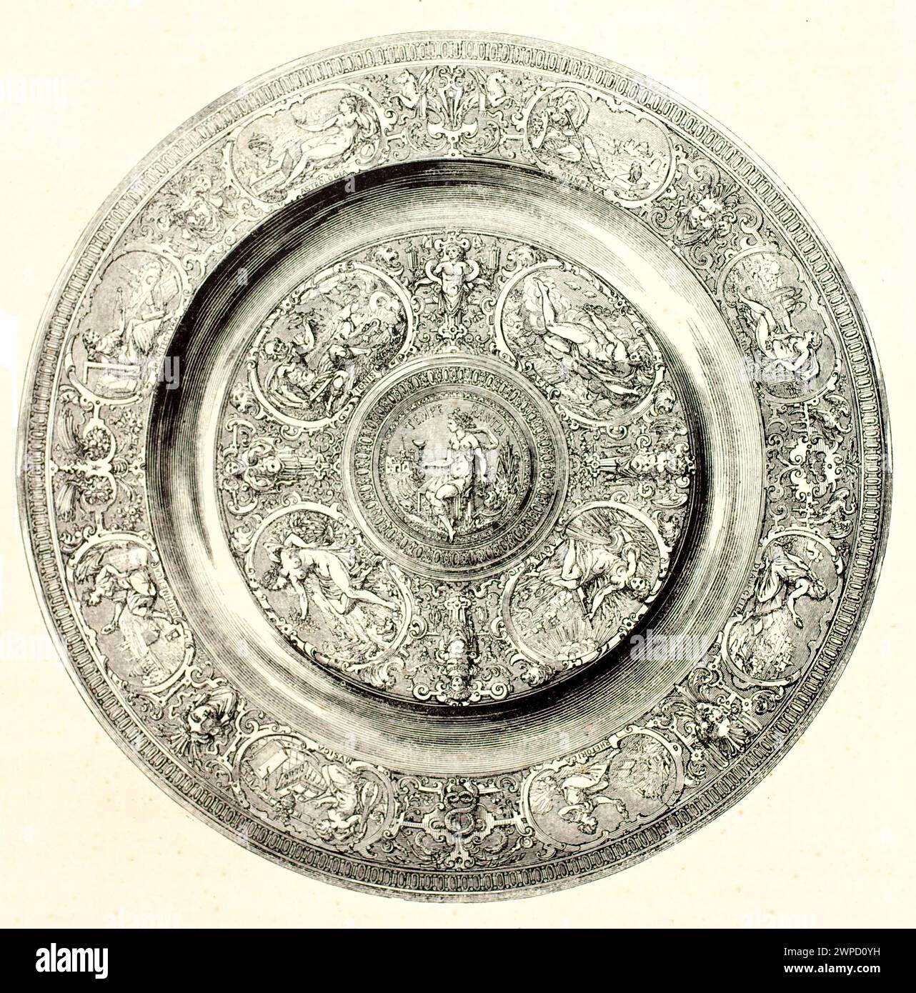 Reproduction gravée du XIXe siècle d'un bassin orné en relief du musée de Cluny, par Thérond et Gusmand, publiée dans magasin pittoresque, Paris, 185 Banque D'Images