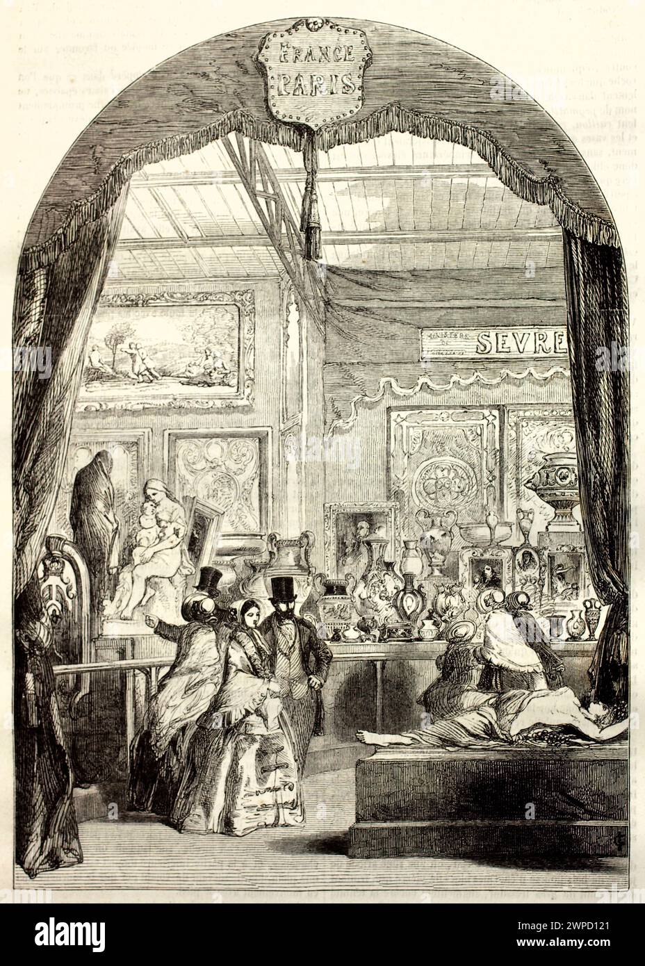 Gravure antique représentant la porcelaine de Sèvres et les arts décoratifs exposés en 1852. Par Linton, publié dans magasin pittoresque, Paris, 1852. Banque D'Images