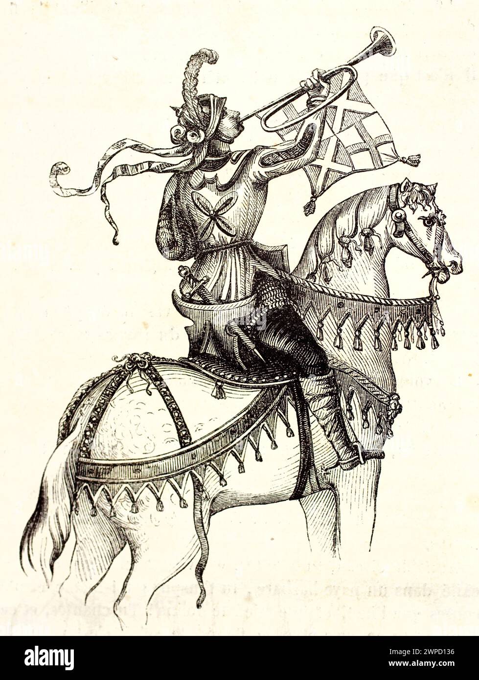 Illustration gravée d'un trompettiste médiéval monté en armure ornée et cheval décoré. Par auteur inconnu, publié dans magasin pittoresque, Paris, Banque D'Images