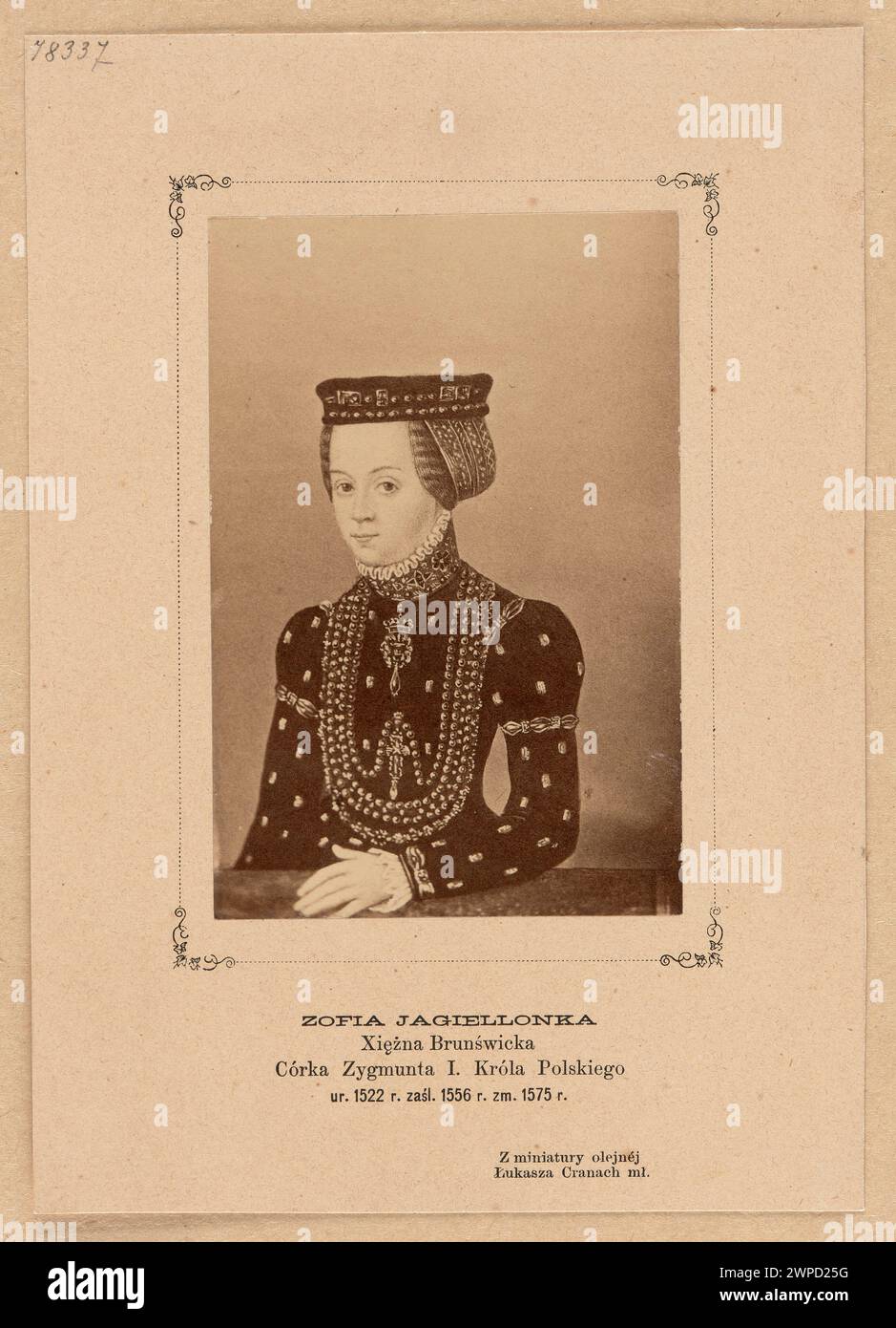 Photographie d'un portrait miniature de Zofia Jagiellon par Lukas Cranach le jeune, fille de Zygmunt Stary et Bona Sforza, conservé au Musée Czartoryski, Cracovie, 1868. Banque D'Images