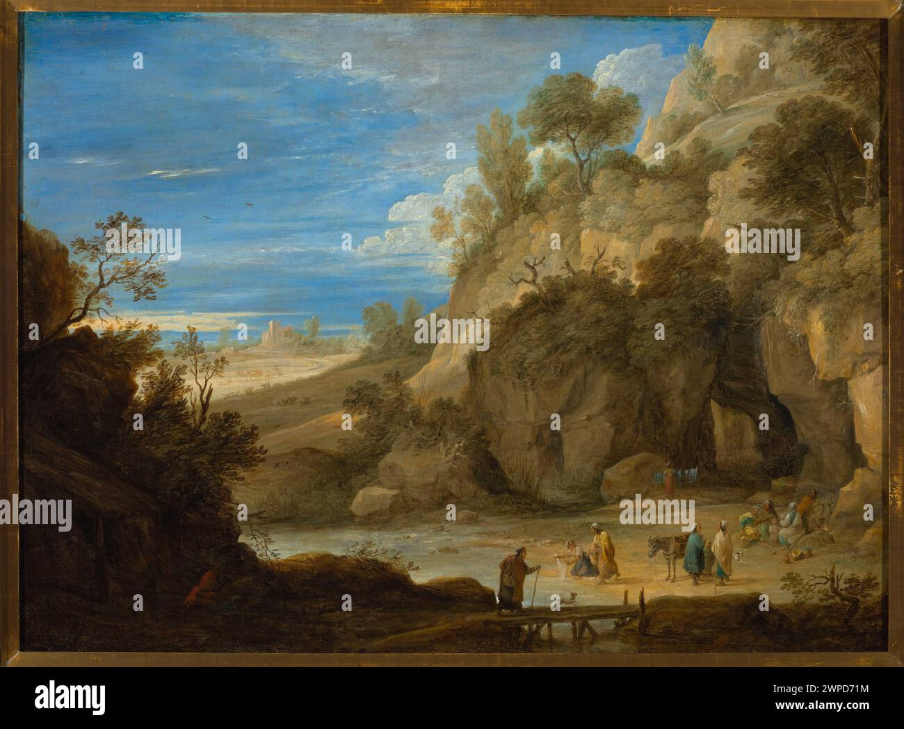 Une peinture flamande de 1641 de David II Teniers représentant un camp gitan dans un paysage vallonné avec des figures et des activités quotidiennes, illustrant des éléments de genre dans la composition du paysage. Banque D'Images