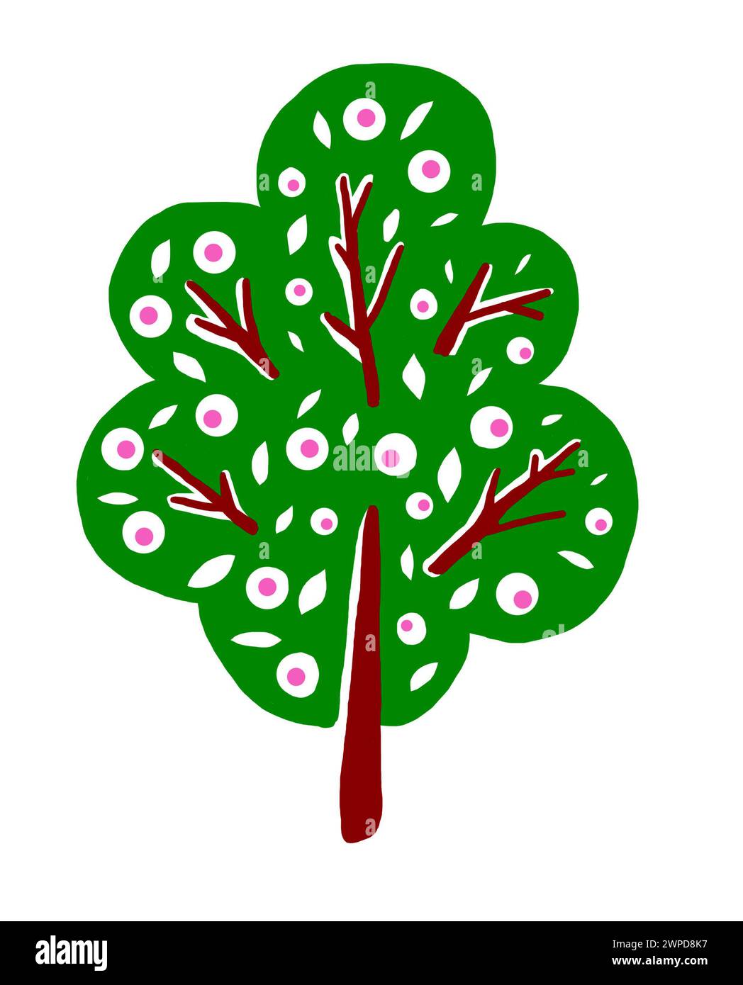 Illustration d'un arbre isolé sur un fond blanc. Dessin simple. Tronc droit et branches brunes. Couronne verte aux formes arrondies. Au milieu Banque D'Images