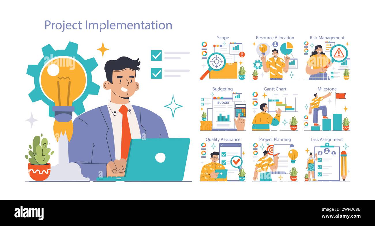 Concept de mise en œuvre du projet. Un professionnel au travail entouré de graphiques vibrants représentant des étapes comme la gestion des risques et l'affectation des tâches. Éléments de planification stratégique organisée. Vecteur plat Illustration de Vecteur