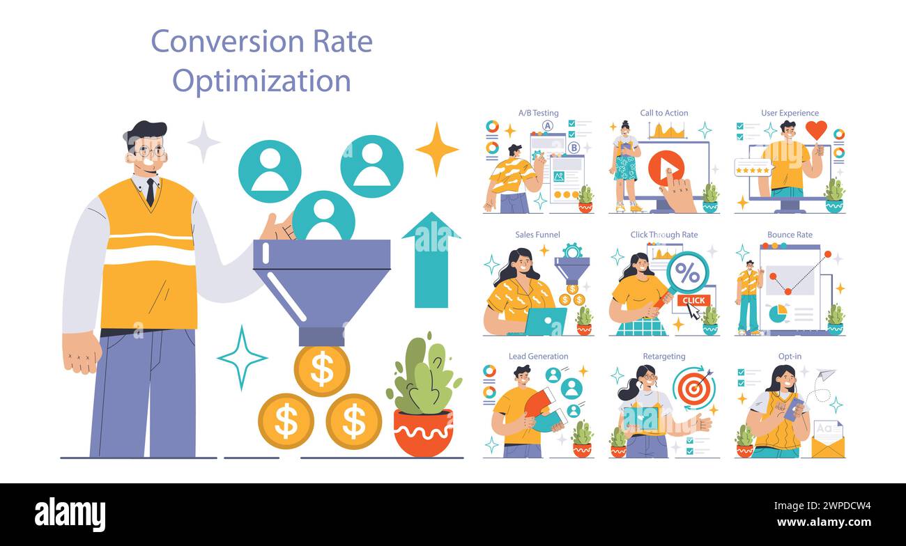 Ensemble d'optimisation du taux de conversion. Experts analysant les performances des sites Web. A B Testing, entonnoir de vente, génération de leads. Stratégies d'engagement des utilisateurs. Illustration vectorielle plate Illustration de Vecteur