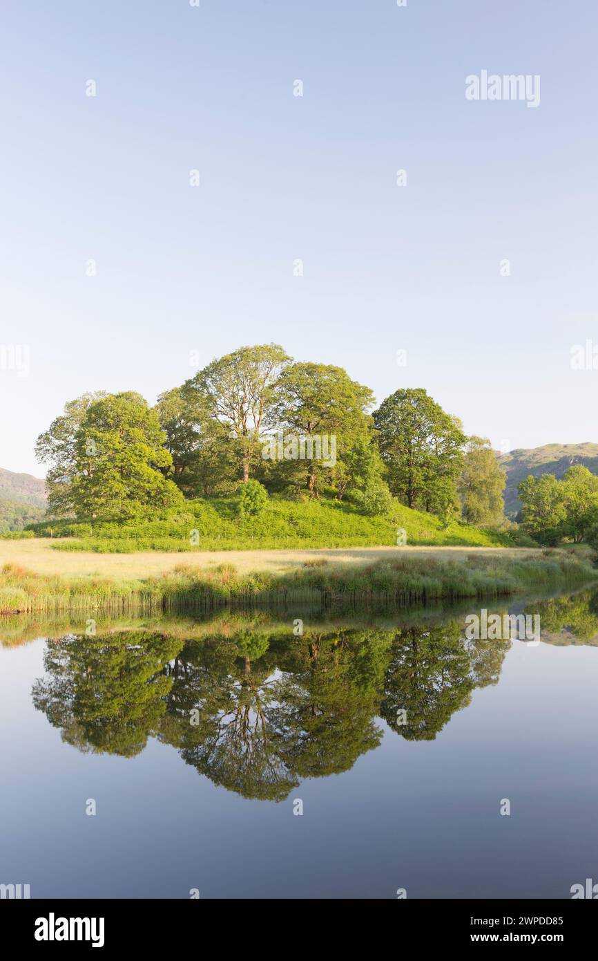 UK, Cumbria, Lake District, les brochettes Langdale à l'aube se reflètent dans Elterwater. Banque D'Images