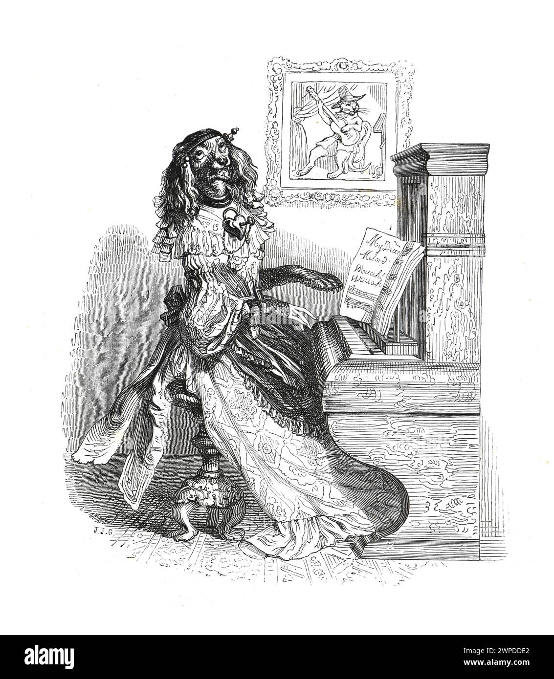 Animaux anthropomorphes.chien jouant du piano. cyborgs humanisés. CRISPR. CAS9. Extraterrestres. illustration vintage dessinée à la main. Banque D'Images