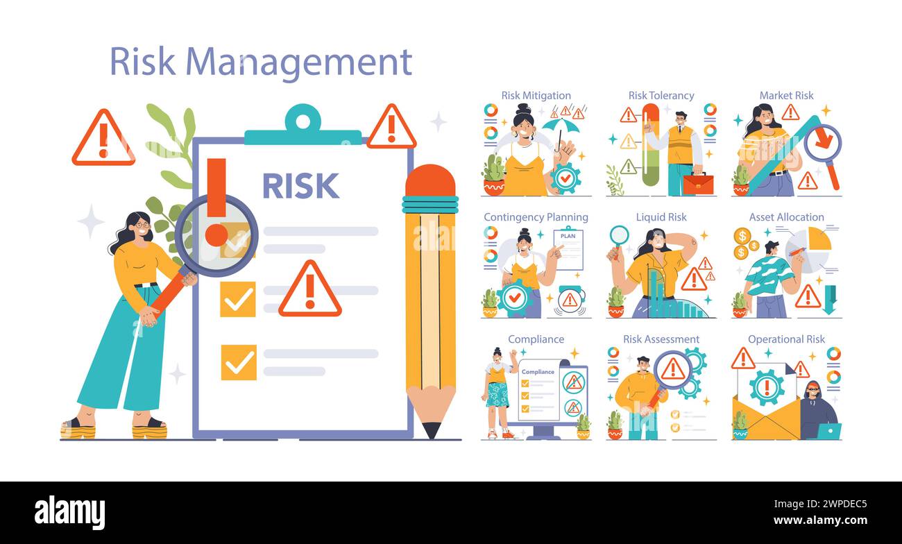 Concept de gestion des risques. Solutions commerciales stratégiques pour la gestion des incertitudes. Analyser, contrôler et minimiser les menaces. Illustration vectorielle plate Illustration de Vecteur