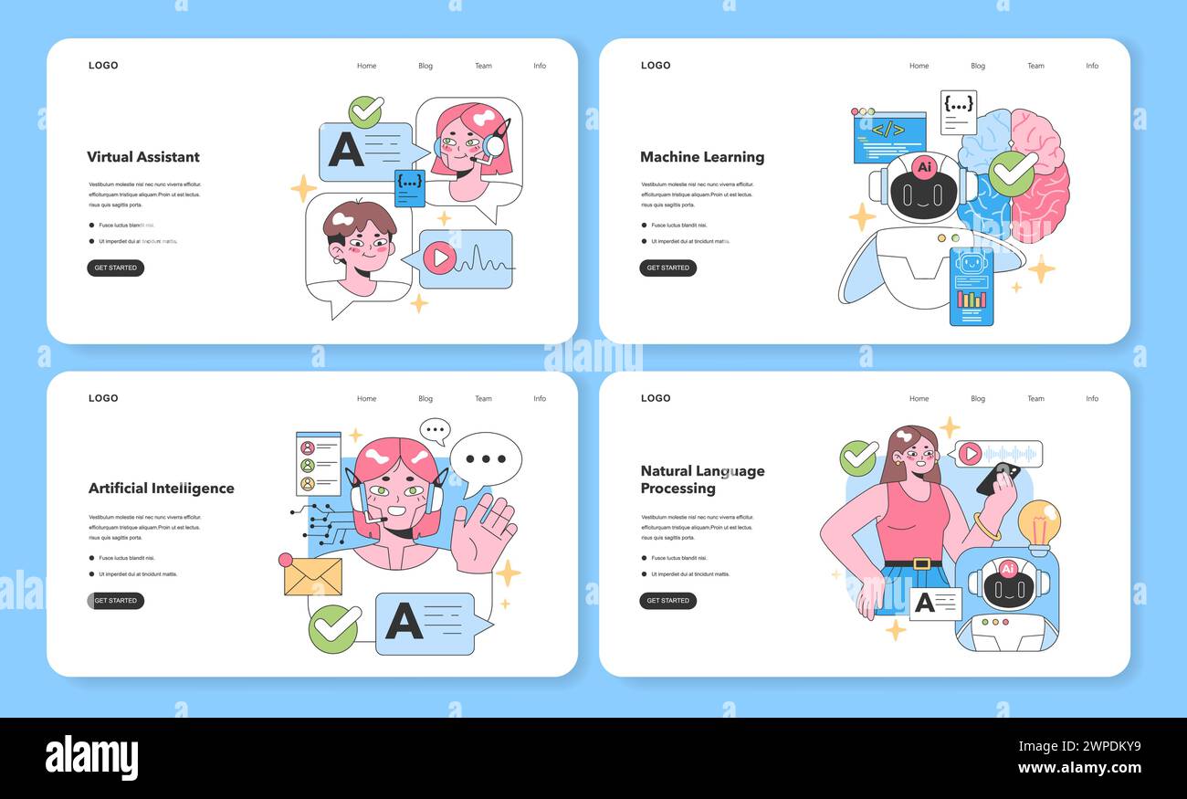 Ensemble d'avancées technologiques. Plongez dans le monde de l’assistance numérique, la merveille de l’apprentissage automatique, la promesse de l’IA et l’art du traitement du langage. Interactions et interfaces. illustration vectorielle Illustration de Vecteur