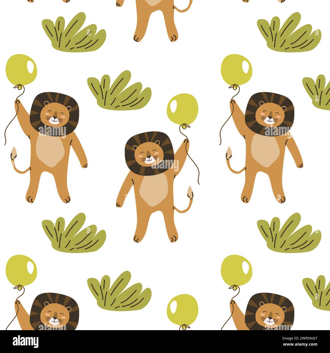 lion animal tropical sauvage mignon avec motif sans couture de balle. Illustration vectorielle avec un animal de jungle sauvage de lion, des plantes tropicales, des palmiers ou des feuilles. Illustration de Vecteur