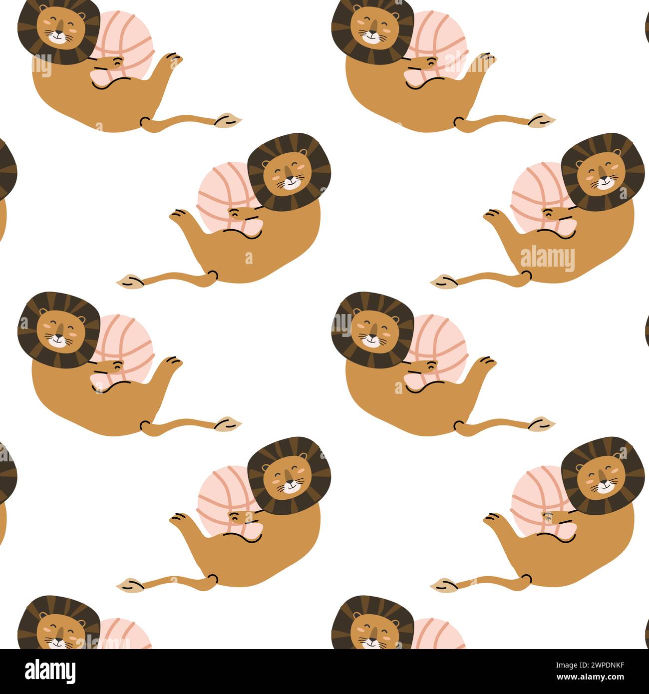 lion animal tropical sauvage mignon jouant avec un motif sans couture de balle. Illustration vectorielle avec l'animal sauvage de la jungle de lion, boule rose. Illustration de Vecteur