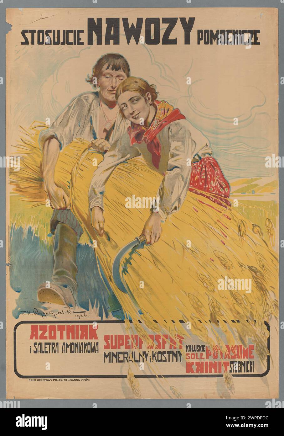 Illustration représentant l'utilisation d'engrais auxiliaires, créée par Feliks Micha Wybrzewalski et Piller-Neumann à Lviv en 1926, montrant la pratique et les outils agricoles. Banque D'Images