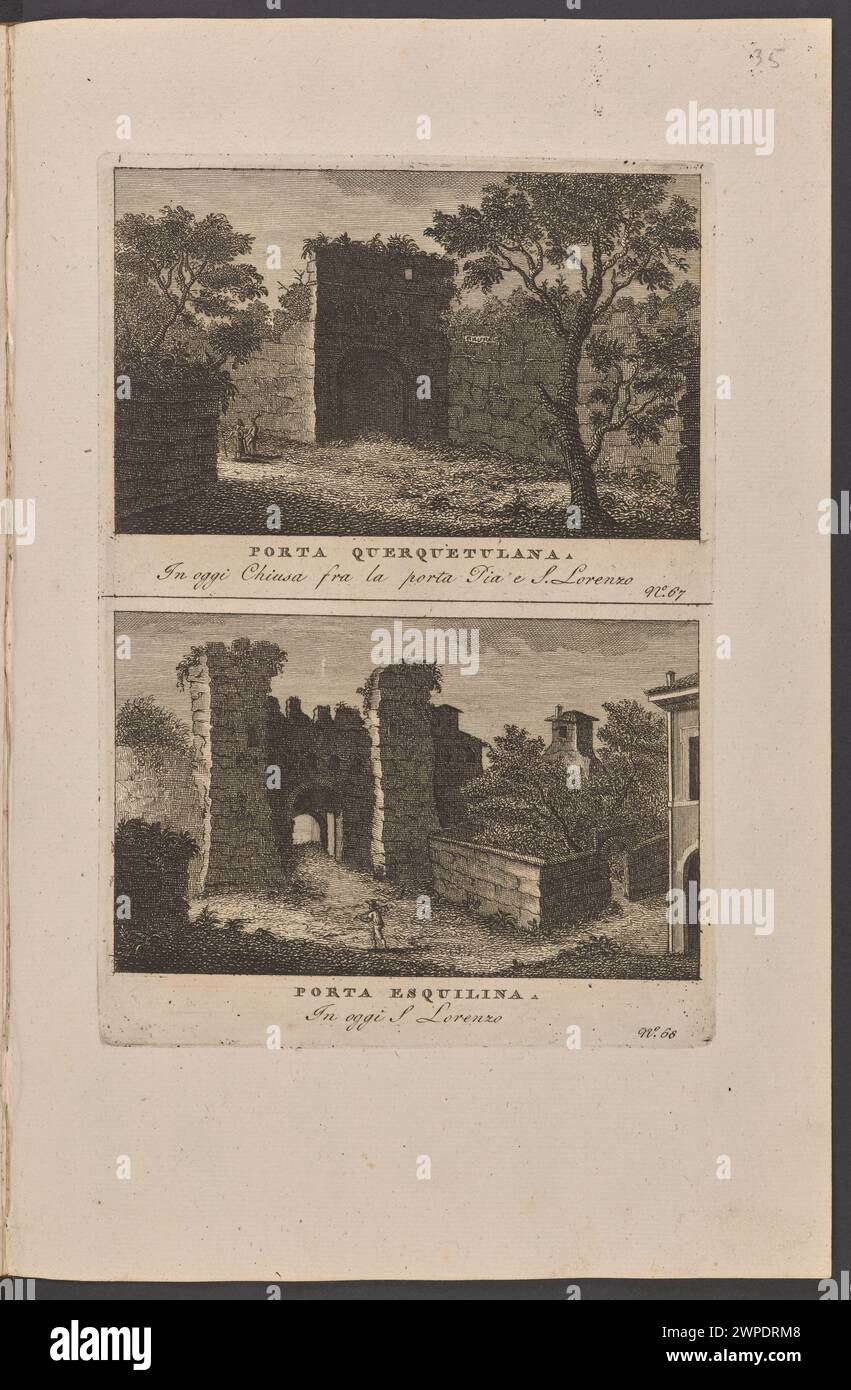 Sur la carte deux vues : 67. Porta Querquetulana, in Oggi Chiusa Fra la Porta Pia 'E S.Lorenzo ; 68. Porta Esquilina, in Oggi S.Lorenzo ; inconnu, Raffaella, Giacomo (1753-1836); 1800 (1800-00-00-1800-00-00); Banque D'Images