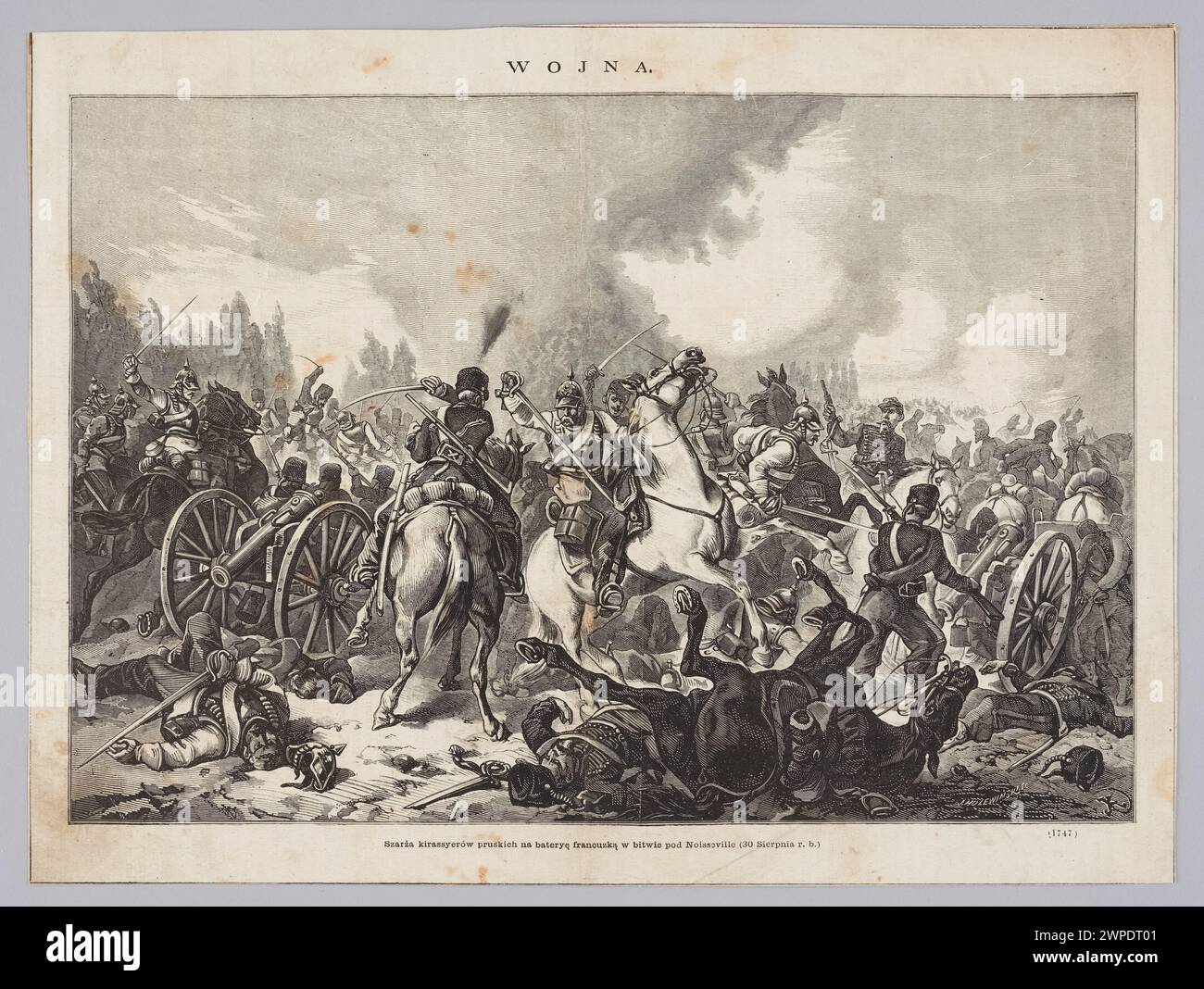 Représentation de cuirassiers prussiens engageant les forces françaises à la bataille de Noisseville le 30 août 1870, illustrée par Juliusz Kossak et Józef Holewski pour le magazine K Osy. Banque D'Images