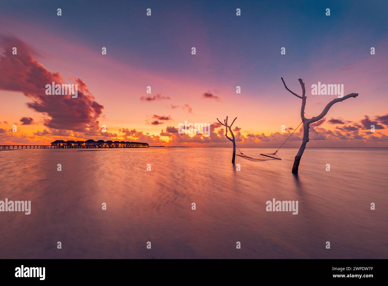 Beau coucher de soleil lumineux sur une plage paradisiaque tropicale. Abstrait longue exposition eau et ciel, branches d'arbres avec balançoire ou hamac. Île lagune incroyable Banque D'Images