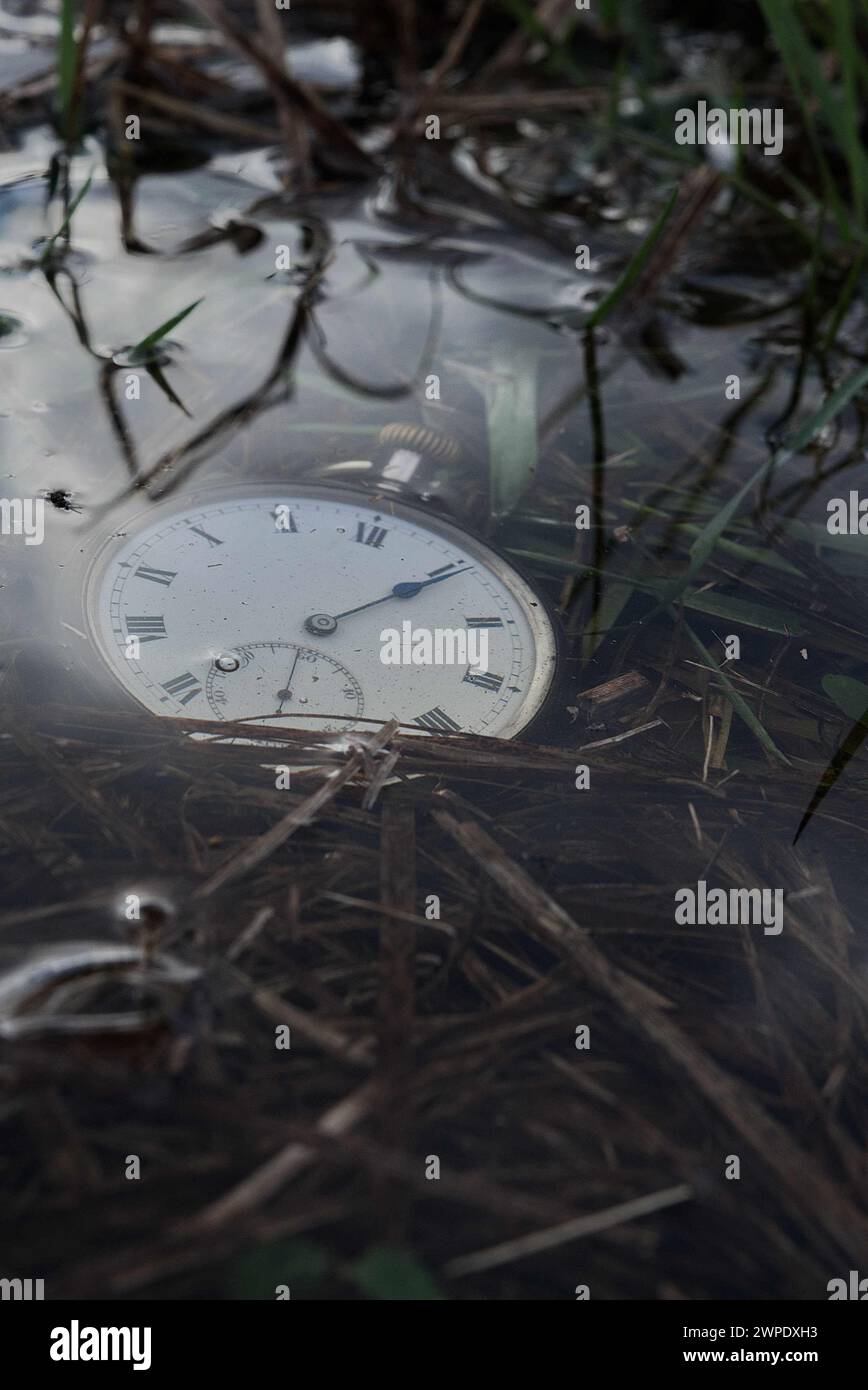 Une vieille montre de poche argentée posée dans une eau peu profonde sur le bord d'un étang, des nuages se reflétant dans l'eau. Banque D'Images
