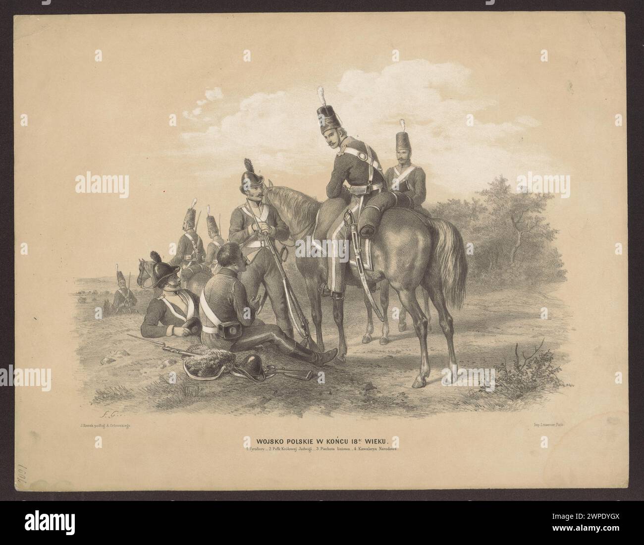 Lithographie représentant l'armée polonaise à la fin du XVIIIe siècle, montrant l'infanterie linéaire, la cavalerie nationale et des commandants notables, produits entre 1858 et 1862. Banque D'Images Lithographie représentant l'armée polonaise à la fin du XVIIIe siècle, montrant l'infanterie linéaire, la cavalerie nationale et des commandants notables, produits entre 1858 et 1862. Banque D'Images