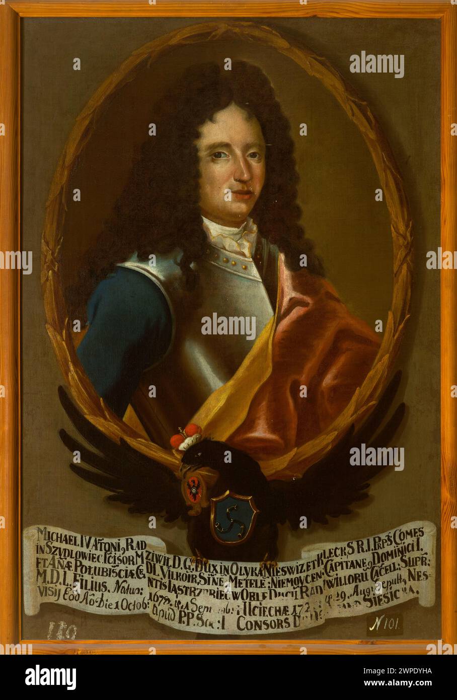 Portrait de Micha peintre polonais inconnu ; 1733-37 (1733-00-00-1737-00-00);Jastrzębiec (armoiries), Niewiż (Biélorussie), Radziwiłł (famille), Michał, Radziwiłł IV Antoni (1678-1721), trompettes (armoiries), perruques, portraits avec inscription, message (provenance), armure Banque D'Images