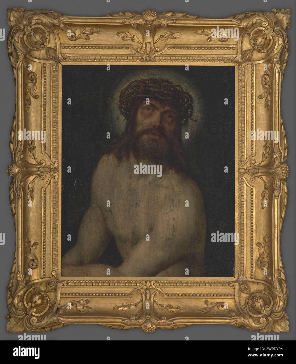 La peinture de Hans Hoffmann 'Vir Dolorum' avant 1591 représente une figure religieuse exprimant la tristesse et la souffrance, mettant en évidence les thèmes de dévotion et les techniques artistiques européennes modernes. Banque D'Images