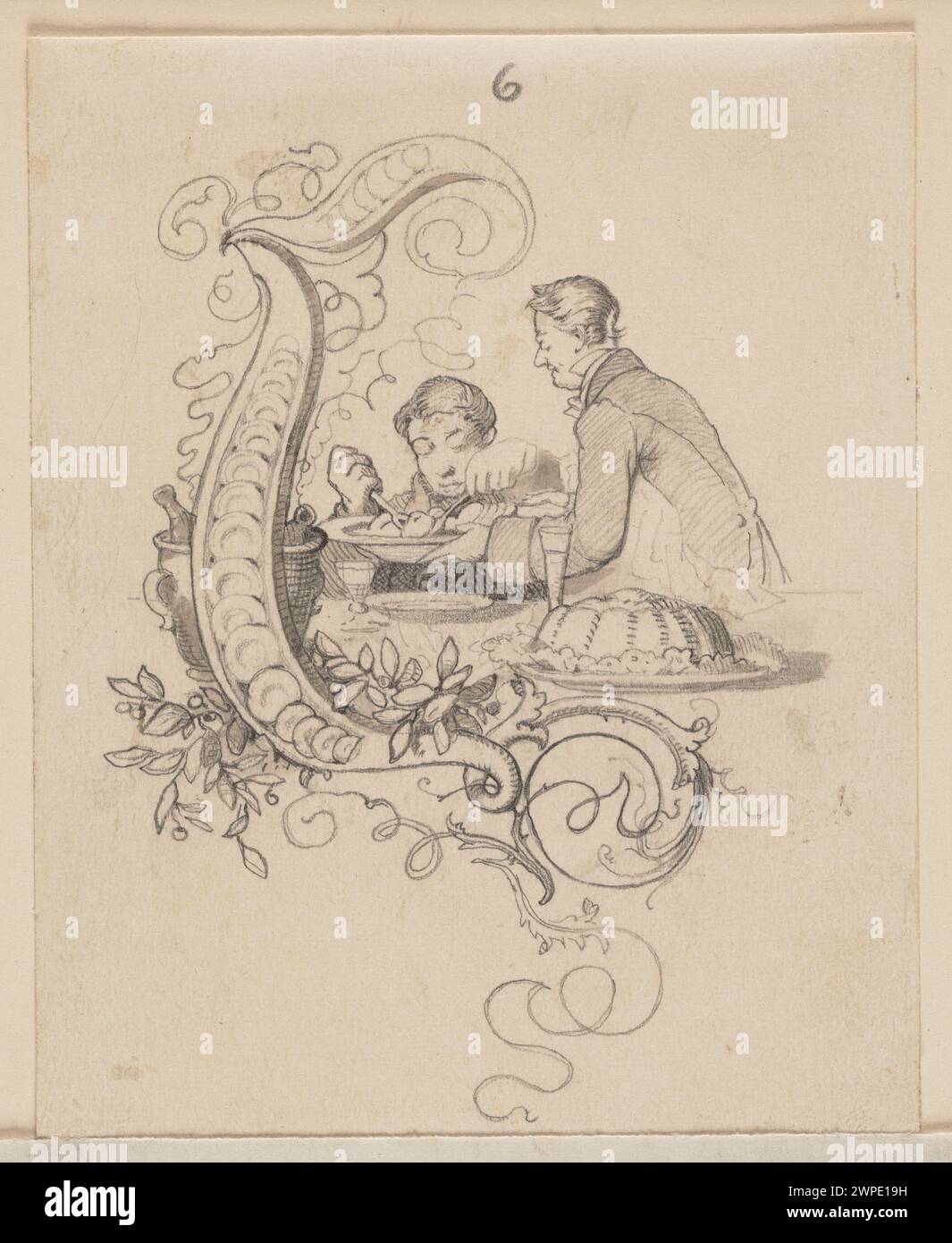 Une illustration de Julius Scholtz de 1859 montrant le « A » initial de scènes dans un restaurant, reflétant l'art décoratif européen et la vie sociale du XIXe siècle. Banque D'Images