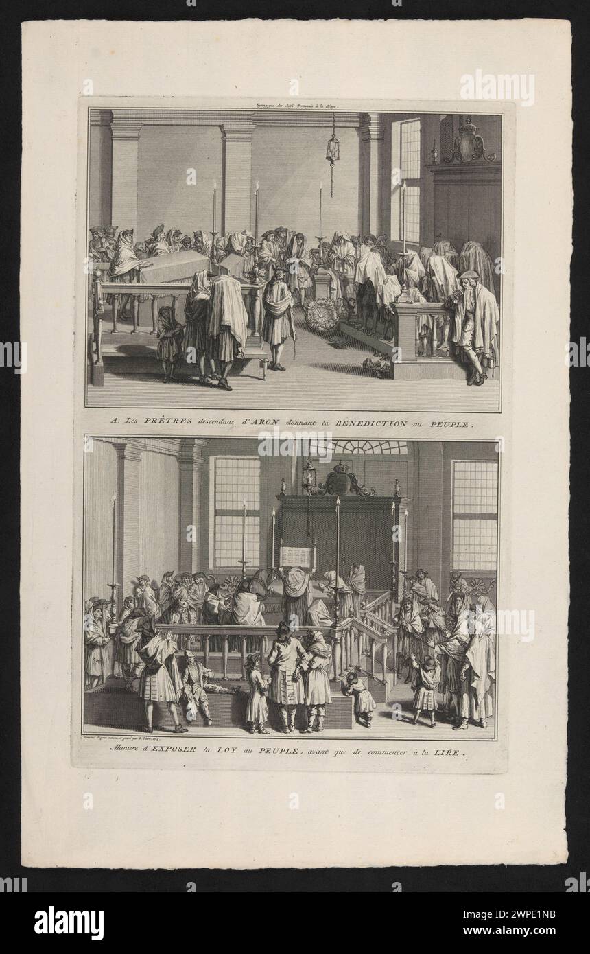 Deux illustrations de Bernard Picart, datant de 1725, illustrant le don de bénédictions et la présentation de la Torah dans la synagogue des Juifs portugais de la Haye. Banque D'Images