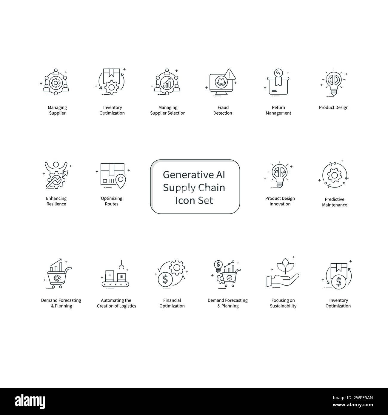 Ensemble de conception d'icônes vectorielles de gestion de la chaîne logistique AI Illustration de Vecteur