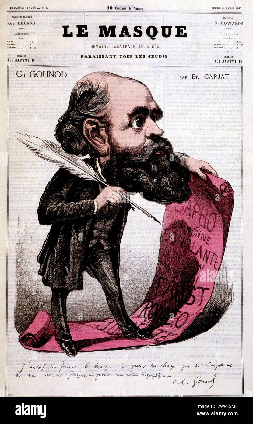 Charles Gounod (1818 - 1893), compositeur français. Caricature par Etienne Carjat. Le masque de 1867. Banque D'Images