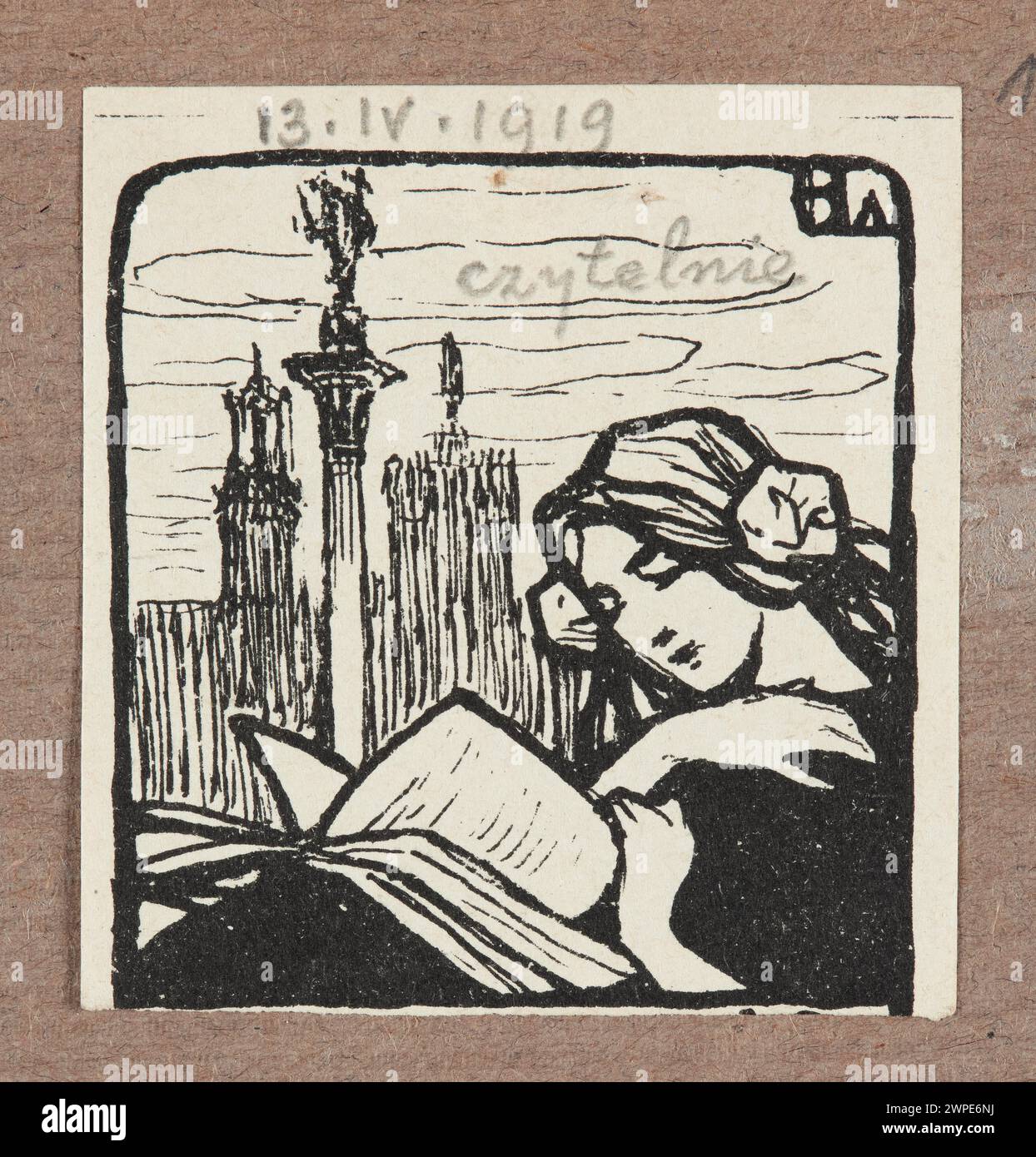 Caisse imprimée sur Lisbly, représentant des femmes lisant un livre sur fond de colonne de Zygmunt ; 1919 (1919-00-00-1919-00-00); Banque D'Images